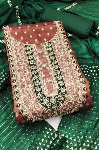 Women's brown unstitched weaving embroidery & fancy border simmer jacquard dress material (rnx5051bwn)