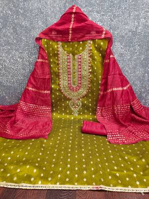 light green weaving embroidery & fancy border simmer jacquard dress material 2