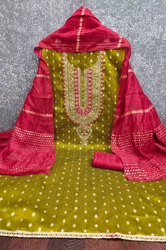  light green weaving embroidery & fancy border simmer jacquard dress material