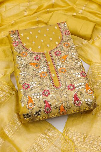 Women's yellow unstitched weaving embroidery & fancy border simmer jacquard dress material (rnx5050ylw)