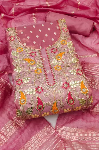 Women's pink unstitched weaving embroidery & fancy border simmer jacquard dress material (rnx5050pnk)