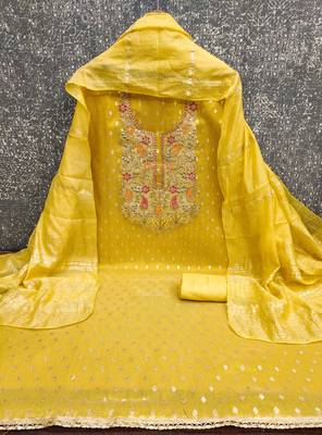  yellow weaving embroidery & fancy border simmer jacquard dress material 2