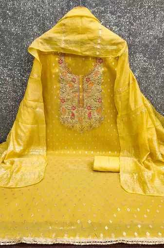  yellow weaving embroidery & fancy border simmer jacquard dress material