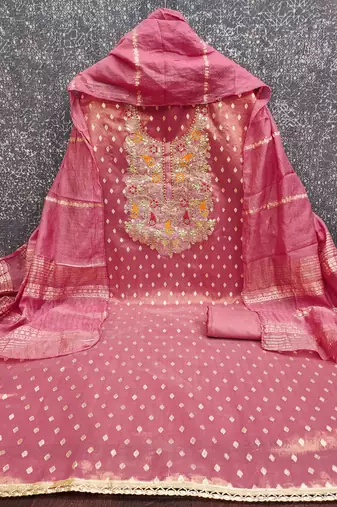  pink weaving embroidery & fancy border simmer jacquard dress material