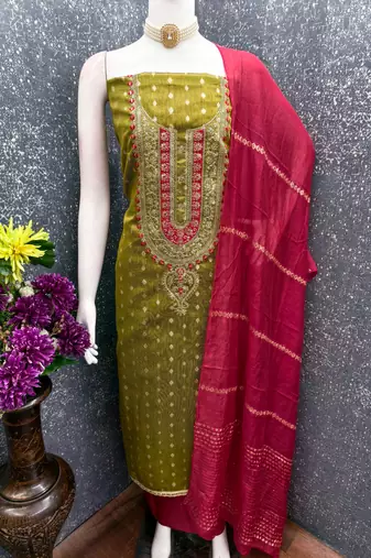  light green weaving embroidery & fancy border simmer jacquard dress material
