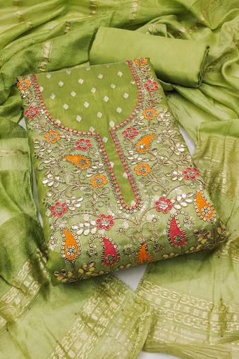Women's green unstitched weaving embroidery & fancy border simmer jacquard dress material (rnx5050grn)