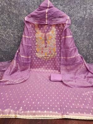  levender weaving embroidery & fancy border simmer jacquard dress material 2