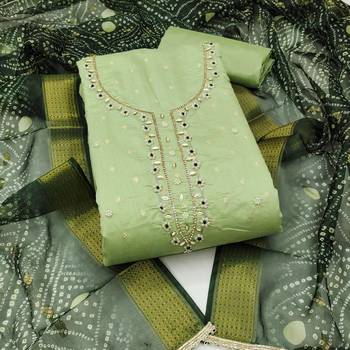  light green weaving & handwork modal banarasi jacquard dress material 1
