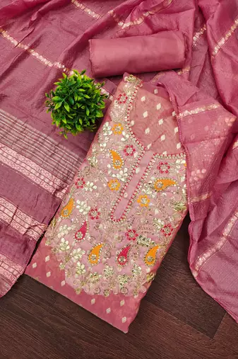  pink weaving embroidery & fancy border simmer jacquard dress material