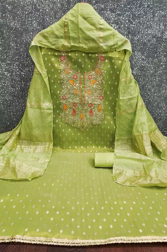  green weaving embroidery & fancy border simmer jacquard dress material
