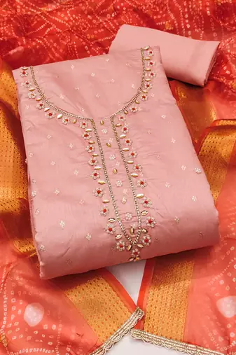 Women's peach unstitched weaving & handwork modal banarasi jacquard dress material (msmfc11610c)