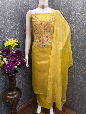  yellow weaving embroidery & fancy border simmer jacquard dress material 4