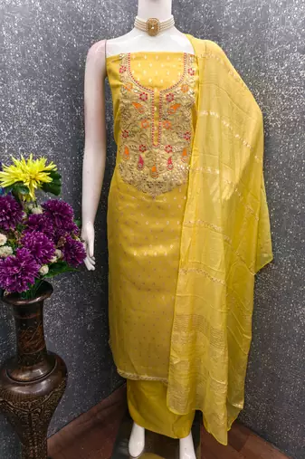  yellow weaving embroidery & fancy border simmer jacquard dress material
