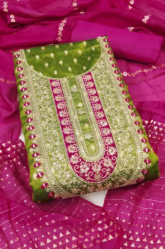 Women's green unstitched weaving embroidery & fancy border simmer jacquard dress material (rnx5051grn)