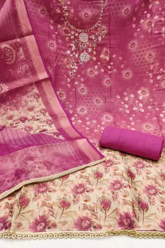  multi digital print & handwork simmer cotton silk dress material