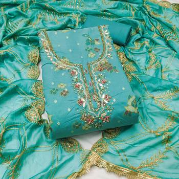  sea green print & handwork modal dress material 1