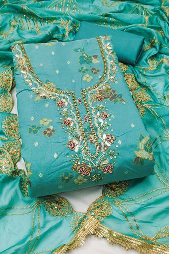 Women's sea green unstitched print & handwork modal dress material (msmfc11608d)