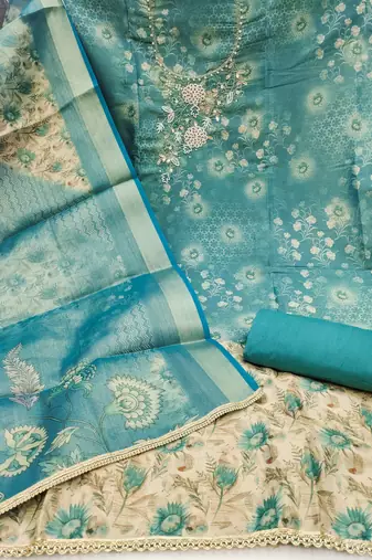  multi digital print & handwork simmer cotton silk dress material