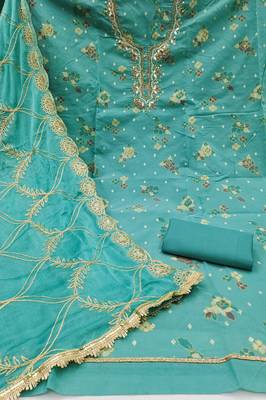  sea green print & handwork modal dress material 2