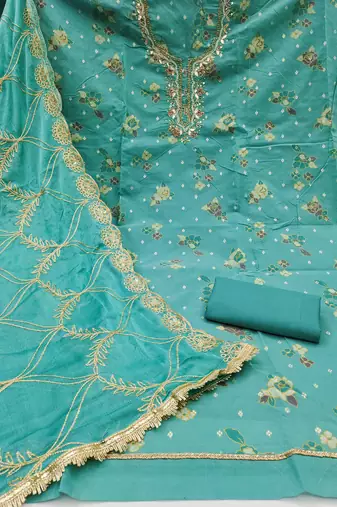  sea green print & handwork modal dress material