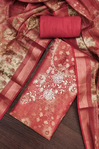  multi digital print & handwork simmer cotton silk dress material