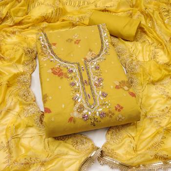  mustard print & handwork modal dress material 1