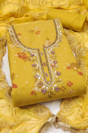 Women's mustard unstitched print & handwork modal dress material (msmfc11608a)