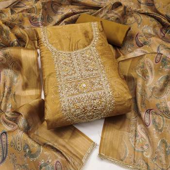  mustard digital print & handwork simmer cotton silk dress material 1