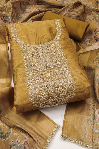 Women's mustard unstitched digital print & handwork simmer cotton silk dress material (msmfc11607d)