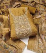 Women's mustard unstitched digital print & handwork simmer cotton silk dress material (msmfc11607d)