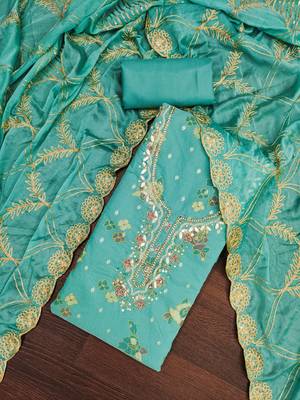  sea green print & handwork modal dress material 4