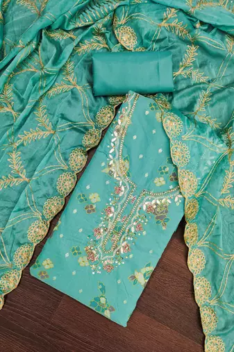  sea green print & handwork modal dress material