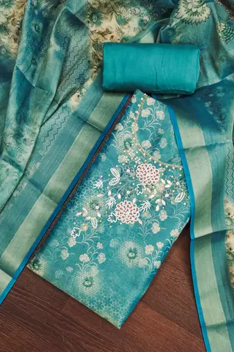  multi digital print & handwork simmer cotton silk dress material
