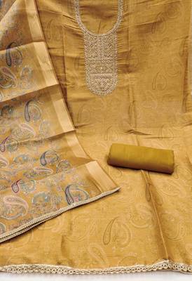  mustard digital print & handwork simmer cotton silk dress material 2