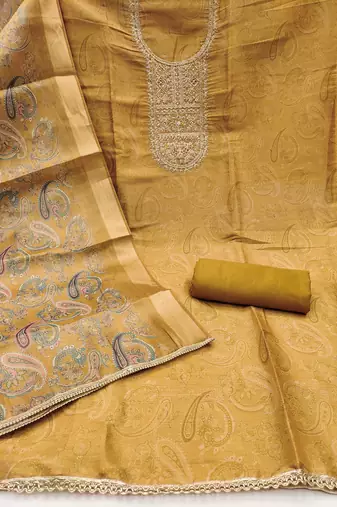  mustard digital print & handwork simmer cotton silk dress material