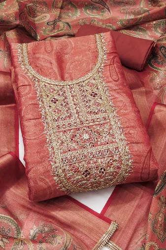 Women's dusty rose unstitched digital print & handwork simmer cotton silk dress material (msmfc11607b)