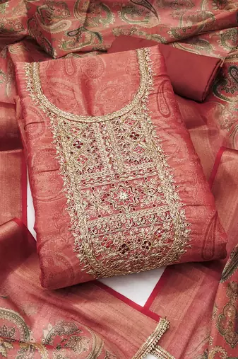 Women's dusty rose unstitched digital print & handwork simmer cotton silk dress material (msmfc11607b)