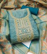 Women's blue unstitched digital print & handwork simmer cotton silk dress material (msmfc11607a)