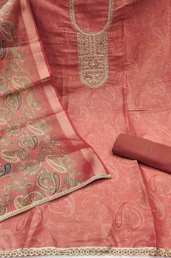  dusty rose digital print & handwork simmer cotton silk dress material