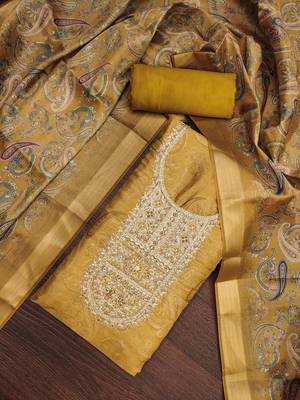  mustard digital print & handwork simmer cotton silk dress material 4