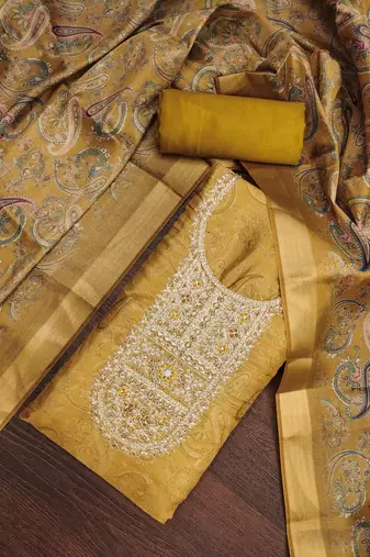  mustard digital print & handwork simmer cotton silk dress material