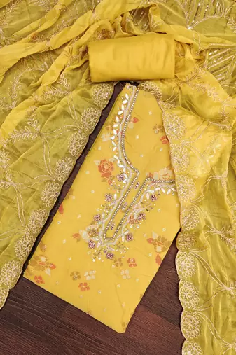  mustard print & handwork modal dress material