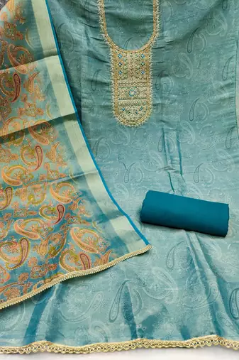  blue digital print & handwork simmer cotton silk dress material