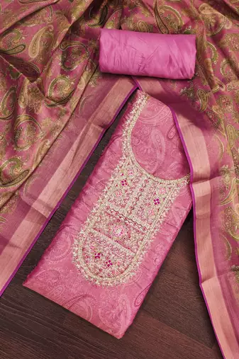  pink digital print & handwork simmer cotton silk dress material