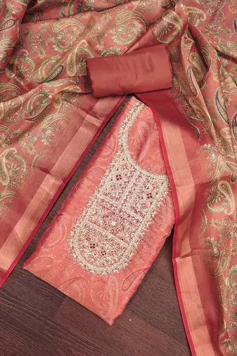  dusty rose digital print & handwork simmer cotton silk dress material