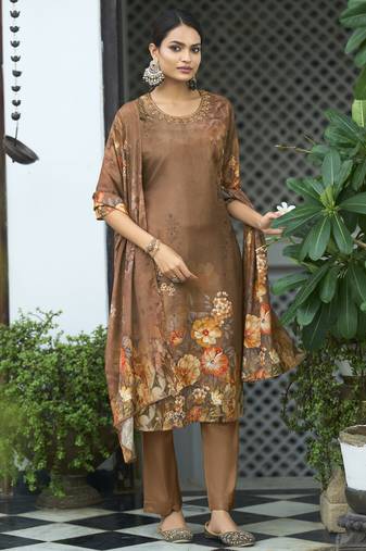 Brown chinon chiffon floral printed straight kurta with pant & printed dupatta