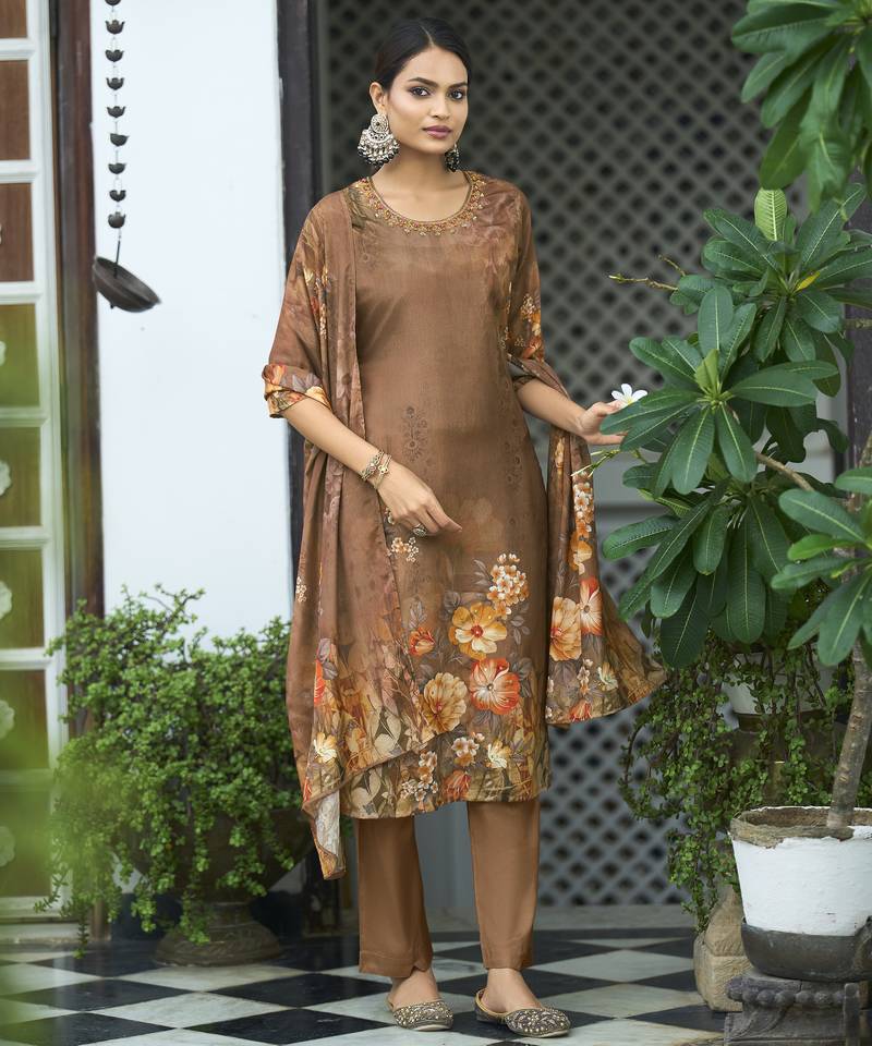 Brown chinon chiffon floral printed straight kurta with pant & printed dupatta