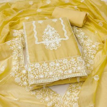  yellow heavy thread embroidery & fancy border chanderi cotton dress material 1