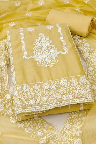 Women's yellow unstitched heavy thread embroidery & fancy border chanderi cotton dress material (in2044ylw)