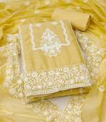 Women's yellow unstitched heavy thread embroidery & fancy border chanderi cotton dress material (in2044ylw)